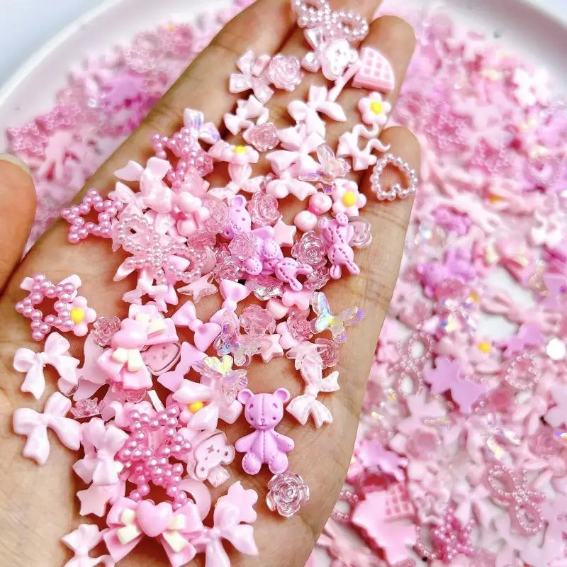 50PCS Minimalist Resin Bows Four-star Nail Charms Simulated Biscuit Cute Bear Head Rabbit Pink Series Nail Art Decorations DIY