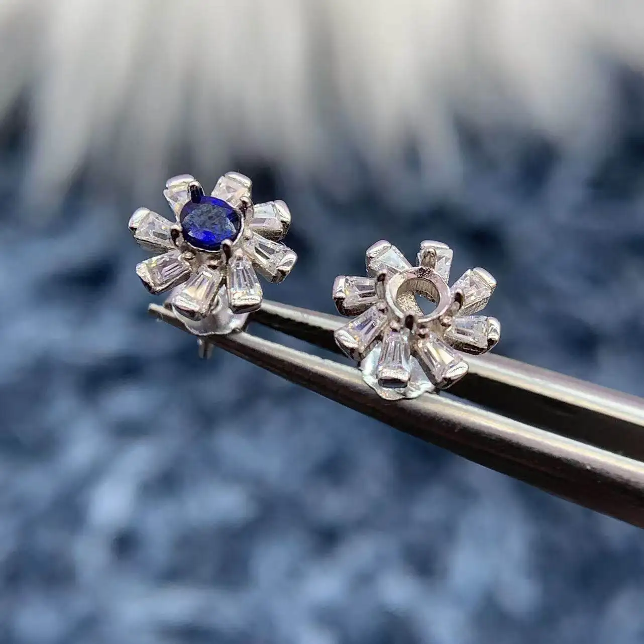 

925 Solid Silver Earring Setting Round 3mm Women Flower Design Base Crystal Aquamarine DIY Jewelry Making Accessories Wholesale