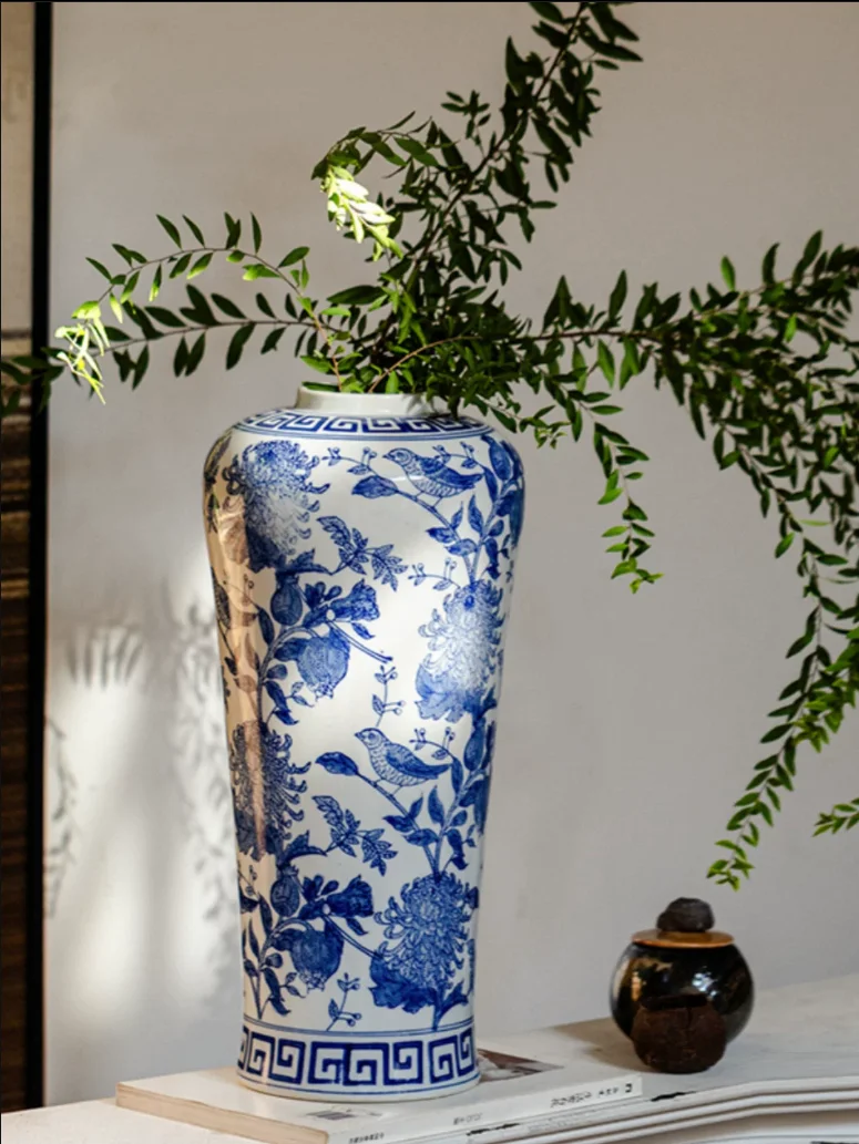 39cm/Blue and White Porcelain Vase Ornament Large Retro Chinese style Living Room Entrance Flower Arrangement Hydroponic High en