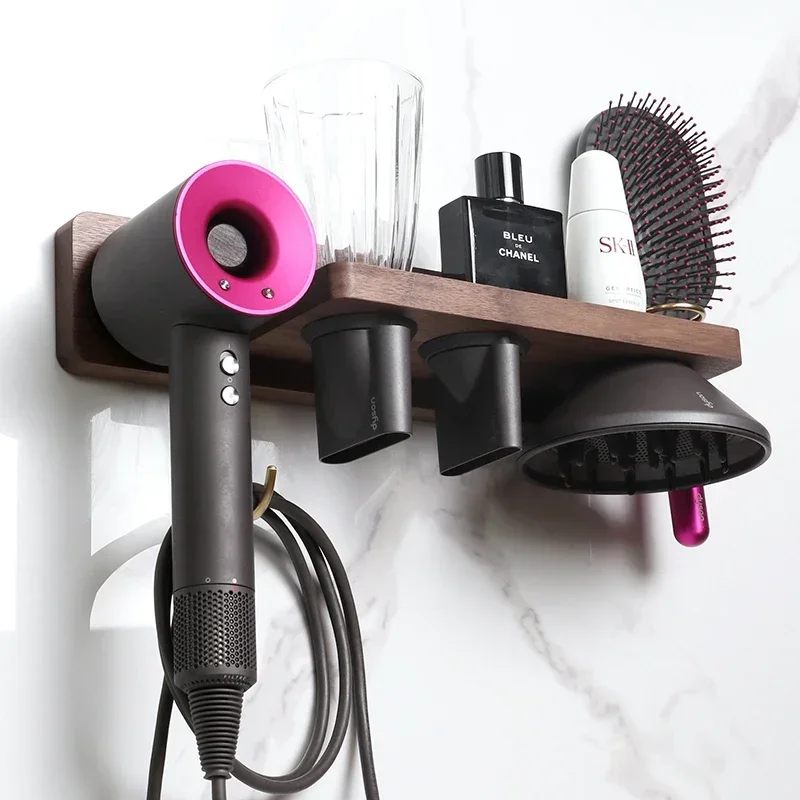 Walnut Wood Shelf Dyson Hair Dryer Holder Punch Free Hanger Light Luxury HD15 Storage Rack Multifunctional Wall Hanging Shelf