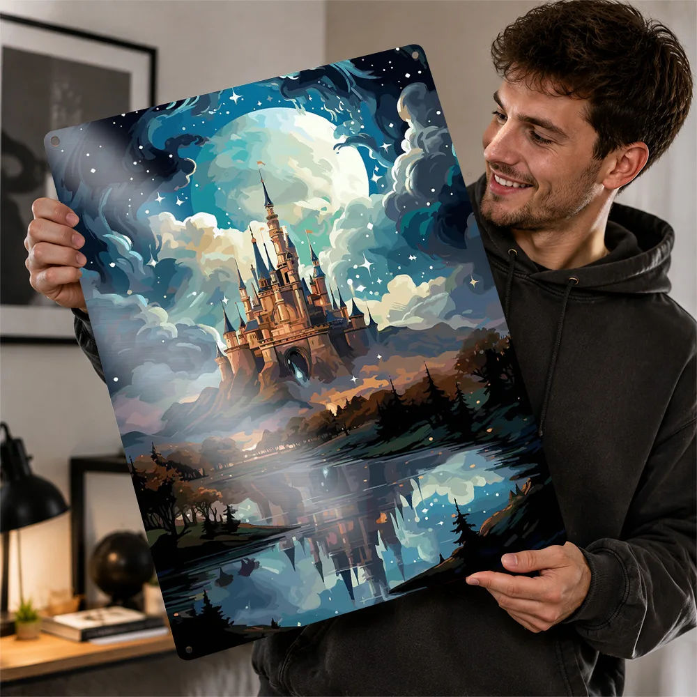 Fantasy River Cloud Castle Aluminum Poster Customized Metal Tin Sign Atmospheric Character Style Wall Art Enhances Home Office