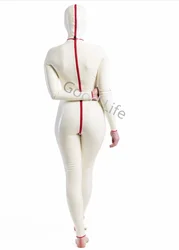 Handmade Sexy Natural Latex  Catsuit Back  to Crotch Zipper Rubber High Quality Bodysuits Nurse Suit With Hood Red Trim