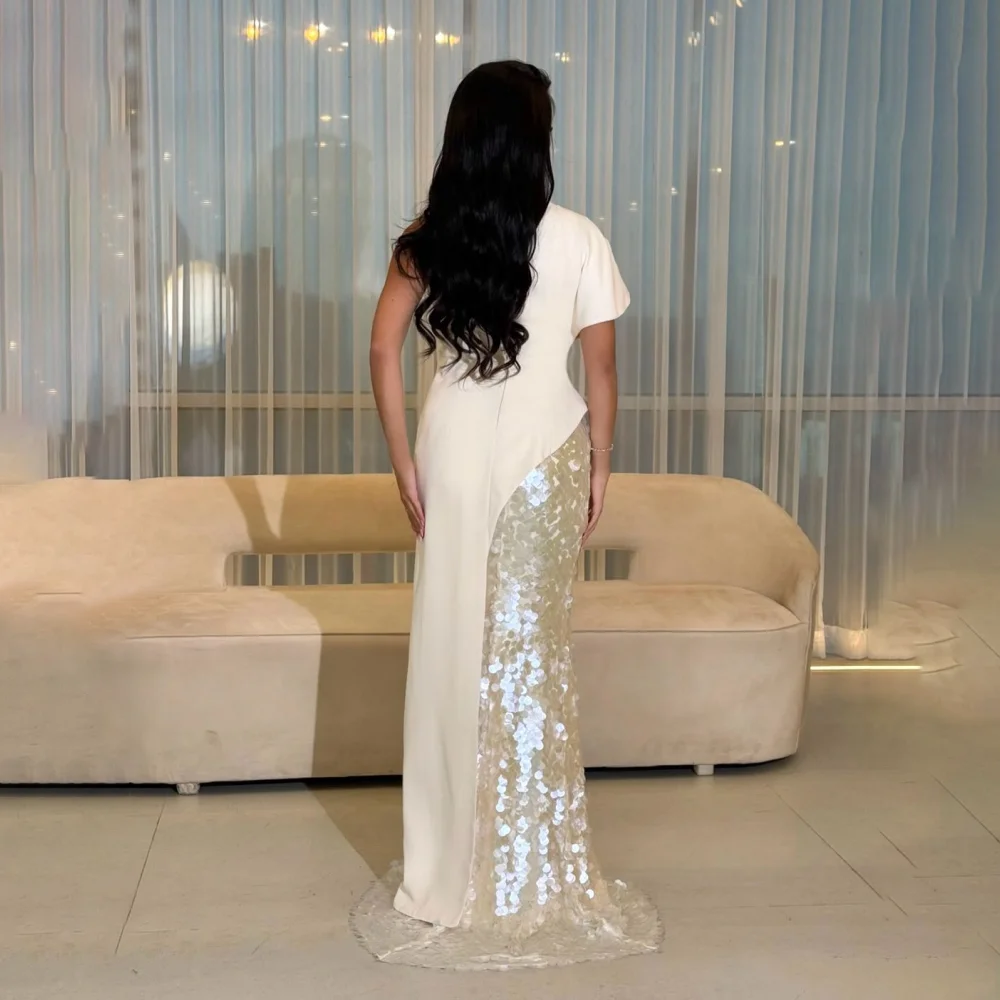 Customized Ivory Asymmetric Neck Mother Of Bride Dresses One Sleeve  Sequined Mermaid High Slit Floor Length Wedding Guest Gown