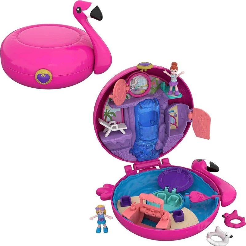 New Surprise Doll Polly Pocket Mini Toys Compact Playset with 2 Micro Dolls Flamingo Floatie Travel Toys for Kids