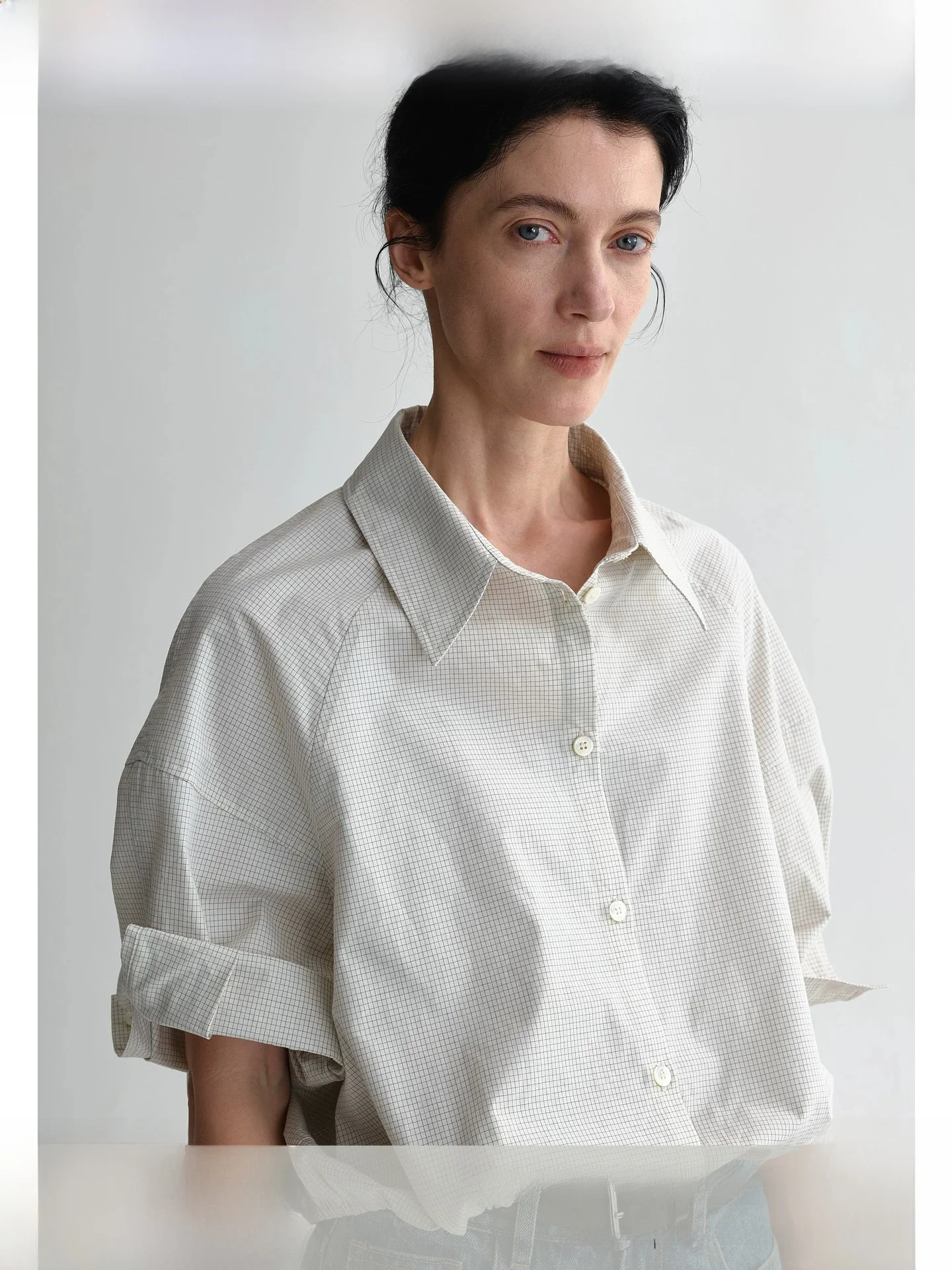 

Planites Cotton Shirt Women's Slim Fit Short Sleeve Checkered Waist Cinched Summer Commute Style Sun Protection Thin Fabric