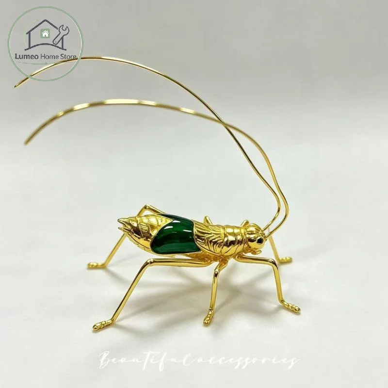 Chinese Style Golden Grasshopper Ornament Retro Enamel Craft Vintage Aesthetic Tabletop Decor for Home Office Gift