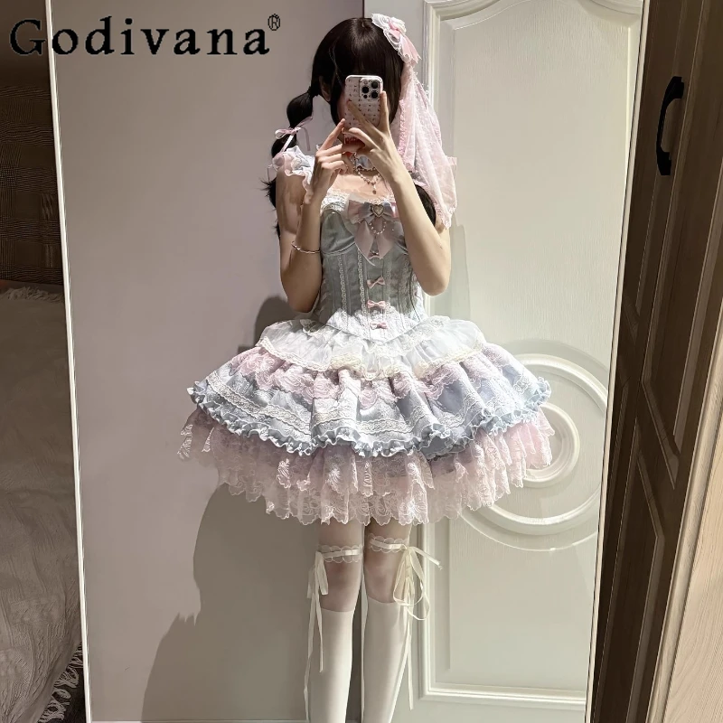 

Pink Blue Ballet Lolita Strap Dress for Ladies Lolita Wedding Puffy Princess Dress Women's Japanese Style Marriage Short Dress