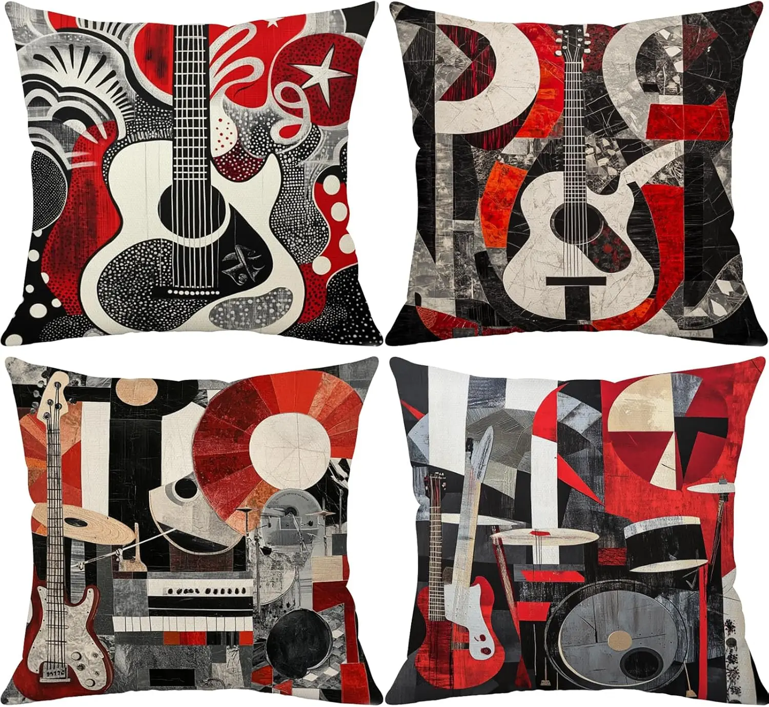 4Sets Vintage Guitar Pillow Covers Abstract Music Instrument Featuring Guitar, Drum, Bass, Piano Prints, Rock Jazz Double-Side P