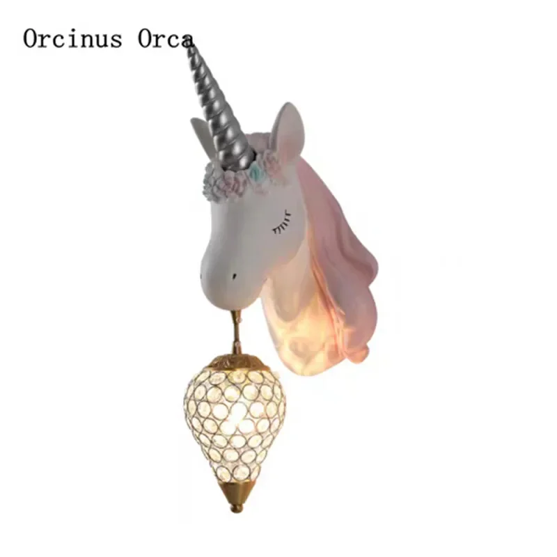 Cartoon creative Unicorn wall lamp Girl Bedroom children's room Princess Room lovely Nordic color pony crystal wall lamp