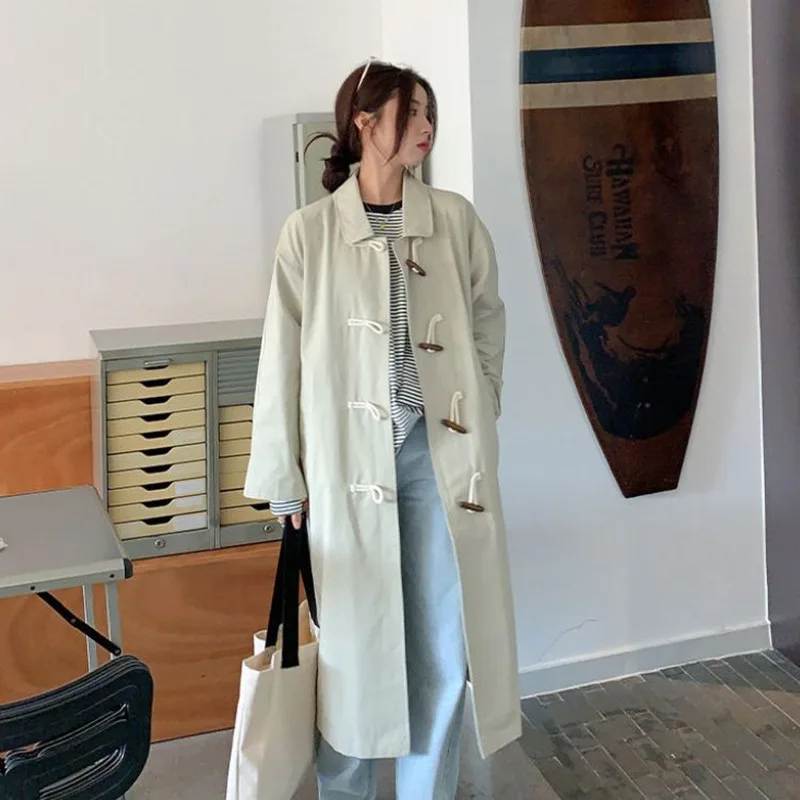 

Весенне-осенний тренч Annals для женщин, корейская версия, консервативный стиль, роговые пуговицы, длинный стиль, минималистичный, для отдыха