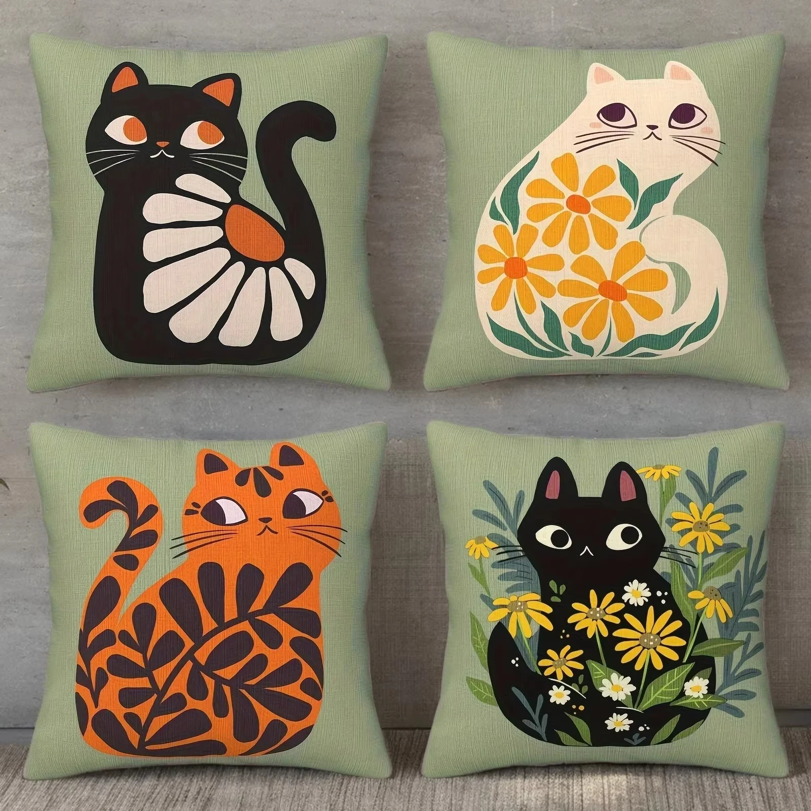 Niedliche Katzen mit Blumenmustern Kissenbezüge Wohndekor Kissenhülle für Sofa Schlafzimmer Auto - Weicher Gemusterter Kissenbezug
