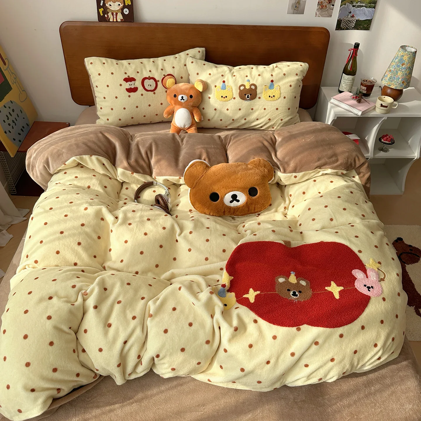 Kawaii Bear Embroidered Winter Bedding Set Thickened Warm Milk Velvet Duvet Cover Set with Sheets Soft Flannel Quilt Cover Kit