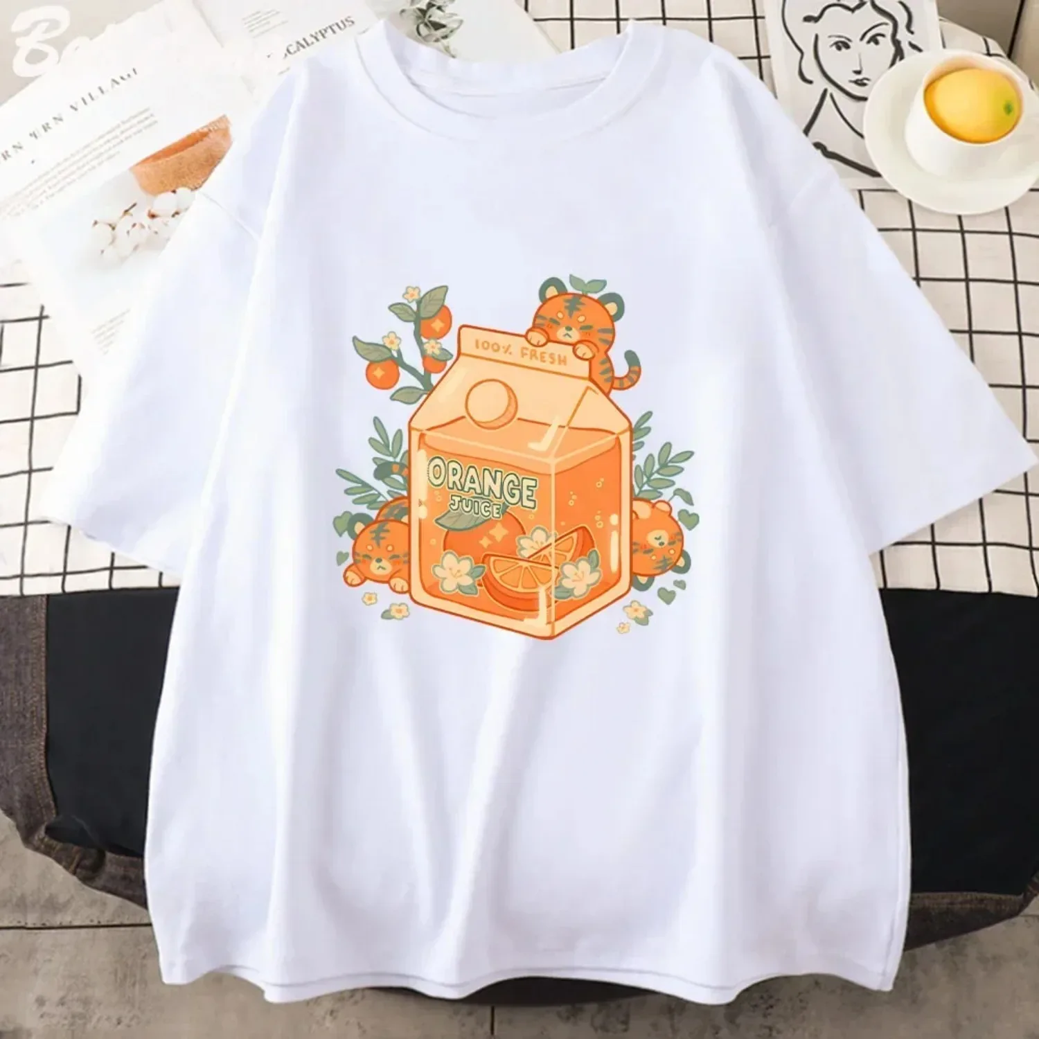 

Orange Juice Kawaii Woman T-Shirt Anime Short Sleeve Harajuku Tee Printing Cartoon Lady Girls White T-shirt Female Tops Clothes