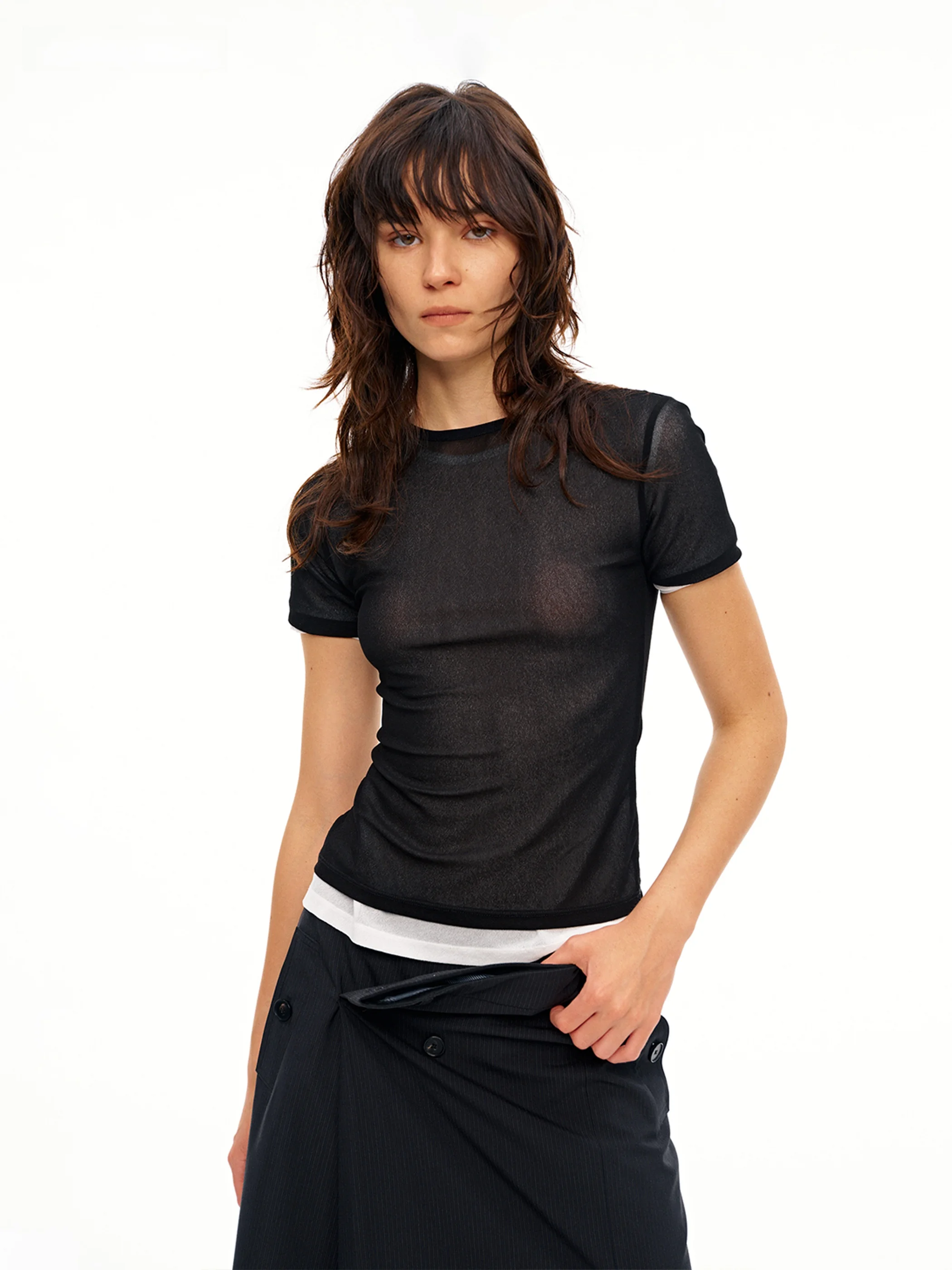 AHNKANK Spring Summer Thin Transparent Short Sleeve T-Shirt Women's Slim Elastic round Neck Half Sleeve Top Casual Style