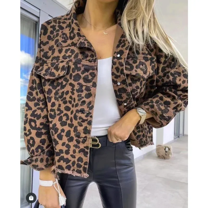 Fashionable and Trendy 2023 Spring Leopard Denim Coat for Women New European and American Style