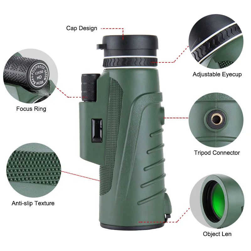 12x50 HD Monocular Telescope 2000M Long Range Zoom Bak4 Prism Telescope with Compass for Hunting Outdoor Camping Gifts