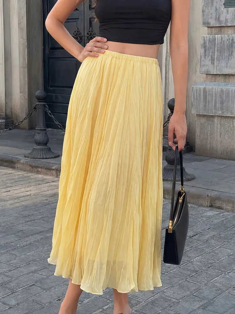 HH Women Multi Color Pleated Skirt Elastic Waist A Line Long Skirt For Summer Casual Beach Vacation Daily Outfits