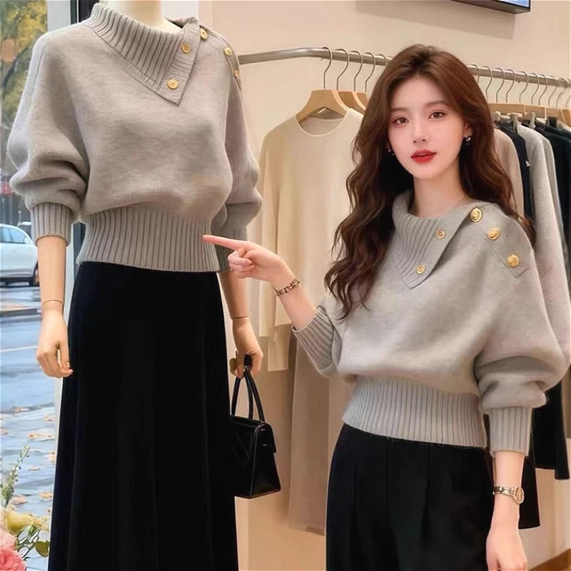 

Women Knitted Pullovers Sweaters Solid Jumpers Button Shawl Collar Long Sleeves Slight Strech Loose Casual 2026 Autumn Winter