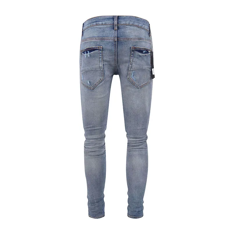High Street Fashion Men Jeans Retro Washed Blue Stretch Slim Fit Patched Ripped Jeans Men Brand Designer Hip Hop Y2K Denim Pants