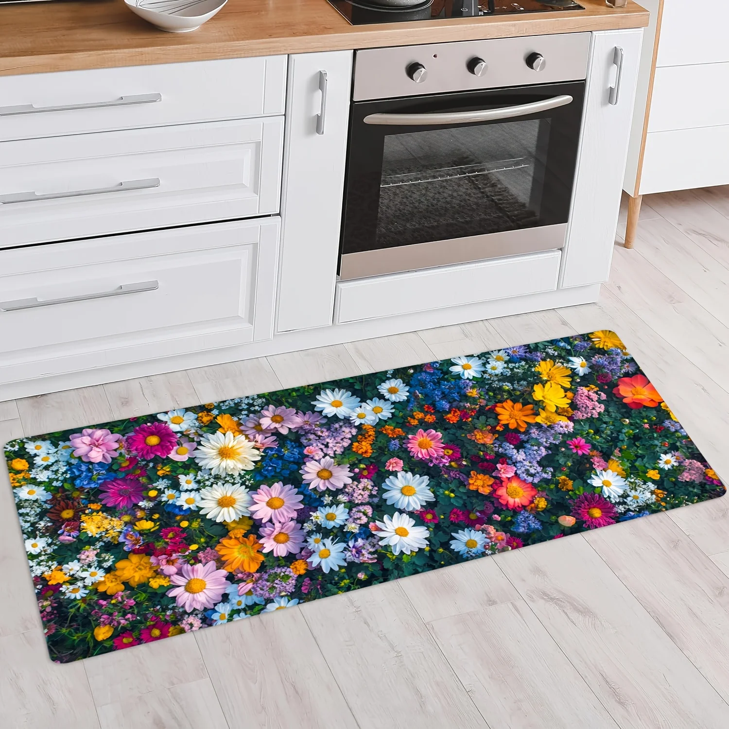1pc Spring Floral Long Strip Kitchen Decor Carpet, Soft Fleece, Non-Slip And Washable, Suitable for Entrance, Living Room, Hal