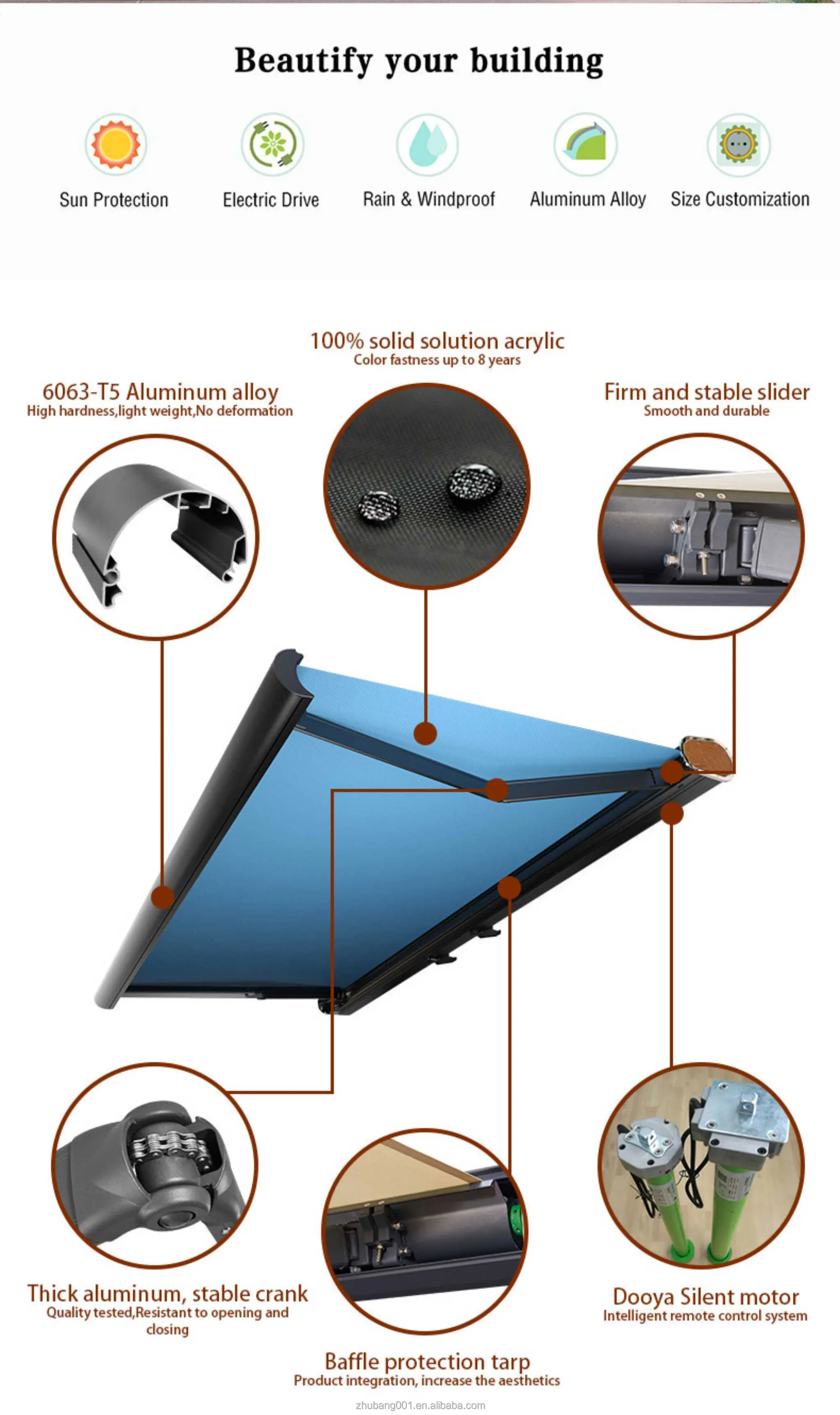 إطار مظلة سقف الشمس الكهربائي القابل للسحب، ستائر شراع PVC مقاومة للمطر وجهاز تحكم عن بعد، ميزات قابلة للتمديد