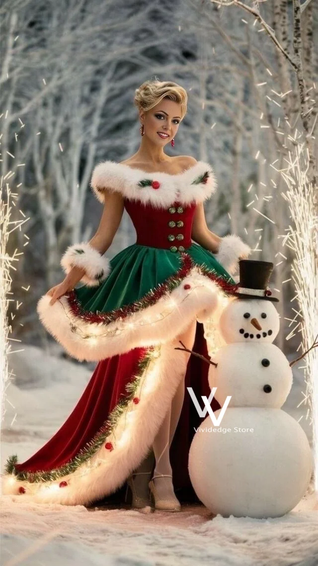 Maßgeschneidertes Weihnachts-Abendkleid mit High-Low-Schnitt, Rot-Grüner Samt mit Weißem Pelzbesatz, Damen-Feiertagskleid, Abendkleid, Damenkleid