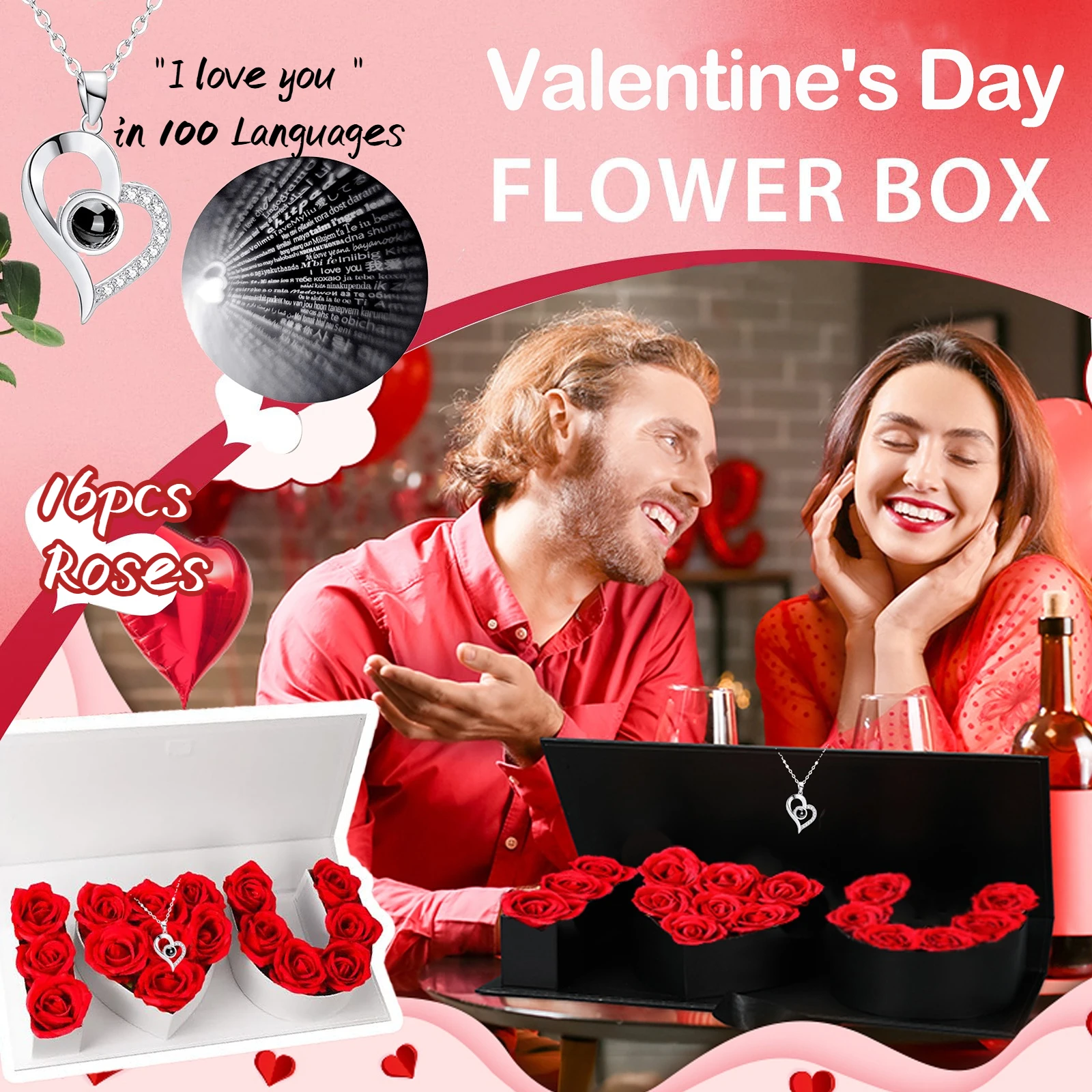 

Valentine Day Rose Box with I love you Necklace 100 Languages Silk Artificial Forever Roses Love Gifts for Her Preserved Flowers