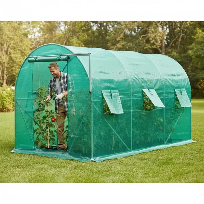 Walk-in Plant Nursery 12 x 7 x 7 ft For Garden Backyard Farm, Galvanized Steel Hoops 1 Top Beam 2 Diagonal Poles, 1 Zippered Door 6 Roll-up Windows Green Mesh Cover