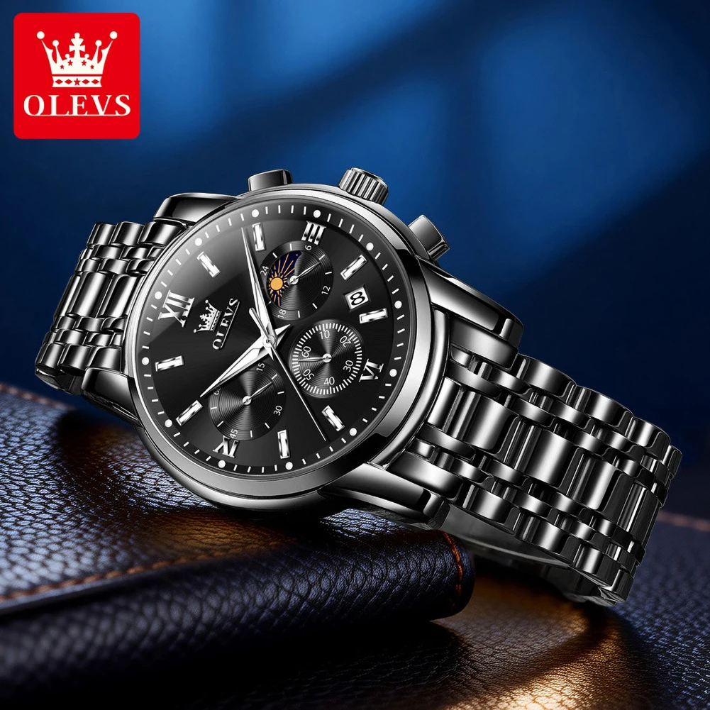 OLEVS Mens Watch Multifunctional Quartz Wristwatch Waterproof Luminous Stainless Steel Business Luxury Mens Clock Gifts Box 2718