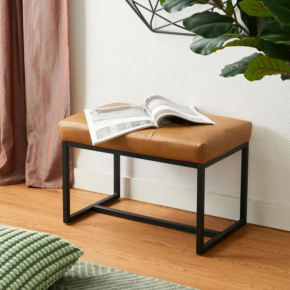 Light Brown PU Leather Vanity Stool with Metal Base for Makeup, Living Room, Entryway, and Bathroom