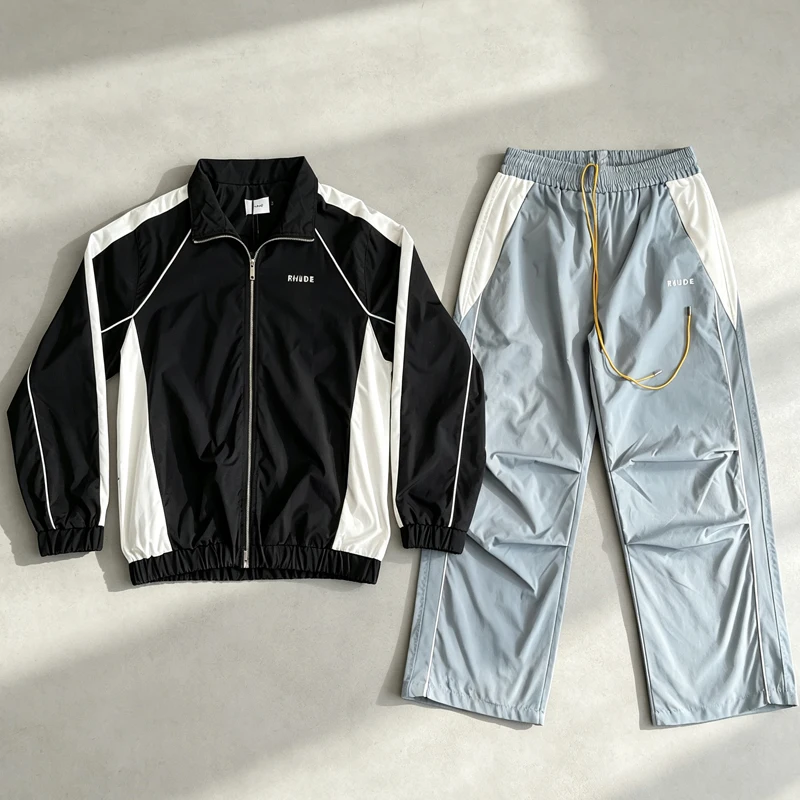 Autumn Winter Trends Rhude Jacket Windbreaker High Quality Patchwork Tracksuit Embroidery Pattern Drawstring Sweatpants