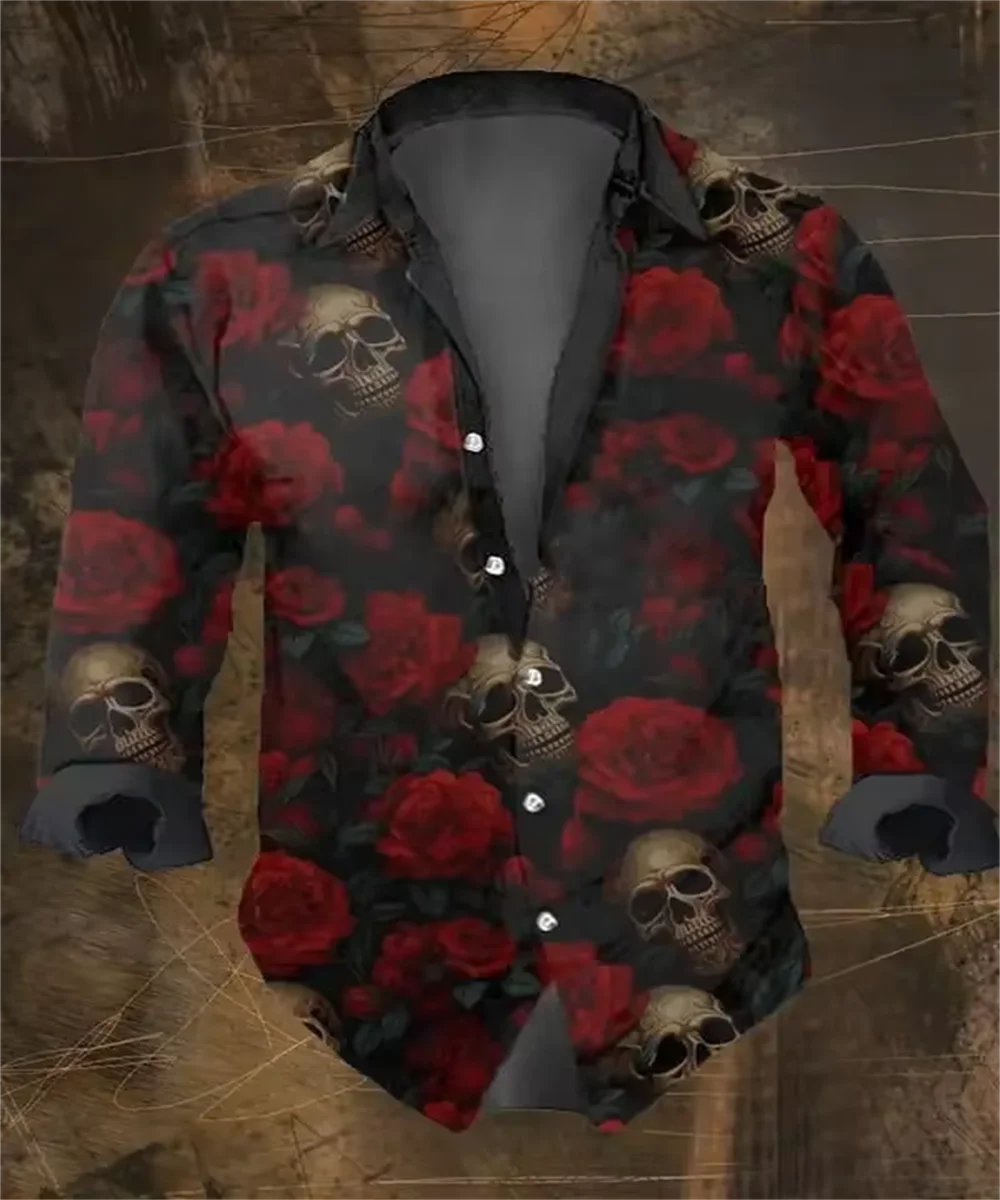 Fashion Men's Vintage Dark Skull Prints Long Sleeve Shirts Skull Prints Black Tops Regular Fit,Lapel Collar Polyester Streetwear