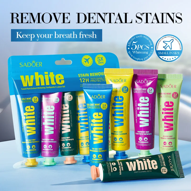

Дорожный набор из 5 зубных паст на растительной основе, глубокая очистка, свежие ароматы, набор для ухода за зубами для гигиены полости рта