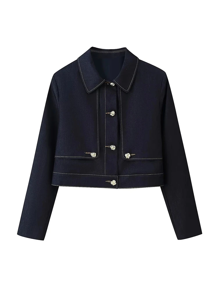 بنطلون جينز نسائي بساق مستقيمة باللون الكحلي وياقة مع طية صدر وسترة جينز بأكمام طويلة وصدّار واحد وملابس غير رسمية للنساء