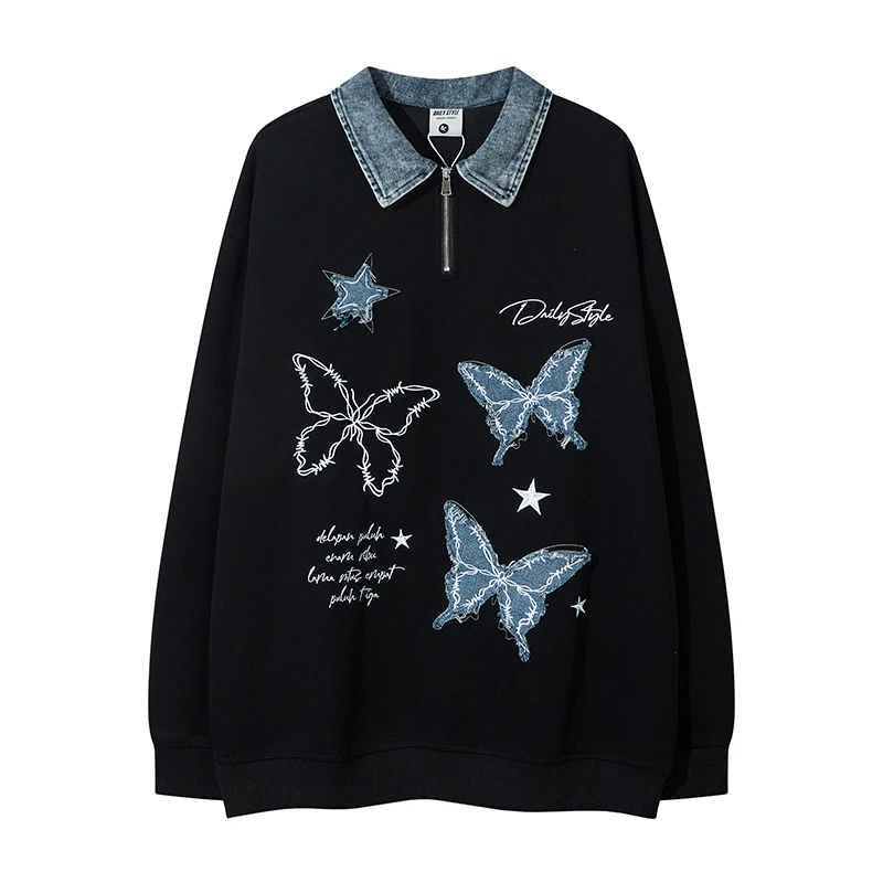 Spring and Autumn American Retro Men's Plaid Turn-down Collar Embroidered Brown Sweatshirt Couple Vintage Black White Polo Shirt