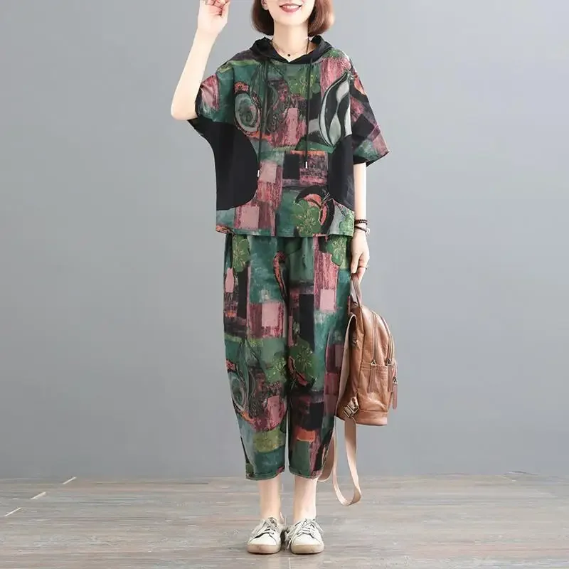 

Summer New Women's Pullovers Printed Hoodies Drawstring Fashion Loose Short Sleeve Two Piece Casual Cotton and Linen Set JJ30