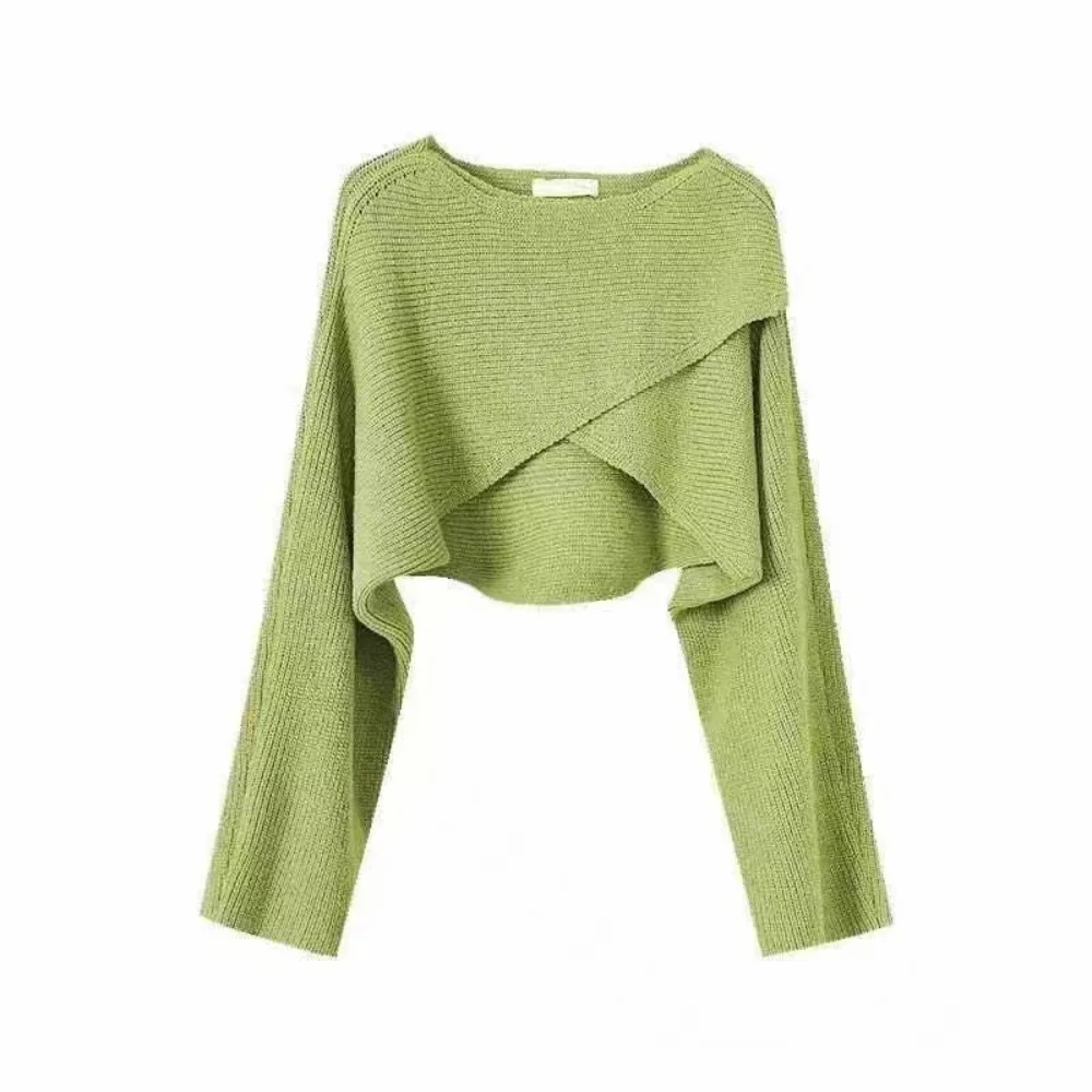 

Trendy Versatile Knitted Cropped Sweater Elegant Korean Style Long Sleeve Pullovers Short Soft Cross Irregular Sweater For Women