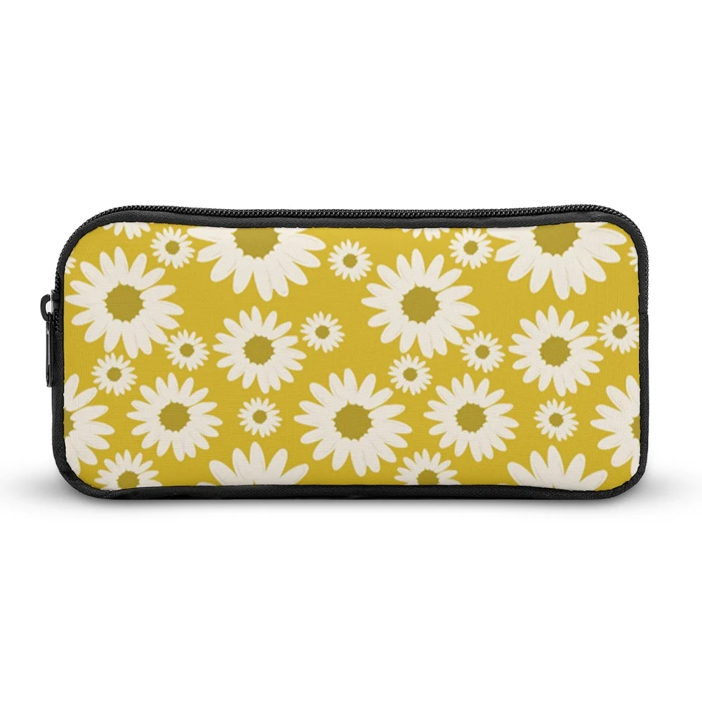 

1PCS Yellow Background Daisy Pattern Black Pencil Case, Large Capacity, Sturdy & Durable, Suit for Pen Case, Easy To Carry