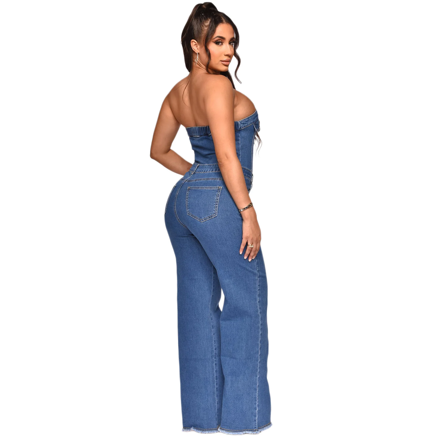 Flare Pants Denim Overalls Women Full Length Jeans Vintage Washed Strapless Jumpsuits Jean Spliced Loose Button Streetwear