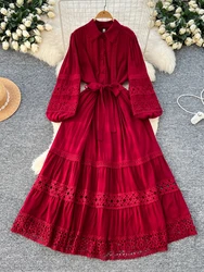 Spring France Elegant Vintage Long Evening Dress Women Hollow Out Lace Button Party Dress Female Casual Chic Festival Clothing