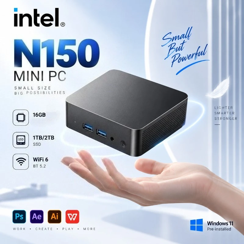 Mini Pc Intel Core N150 Portable Computer 16GB RAM 1/2TB SSD WIFI 6 BT5.2 4K 60Hz HD Gaming Office Study Pc