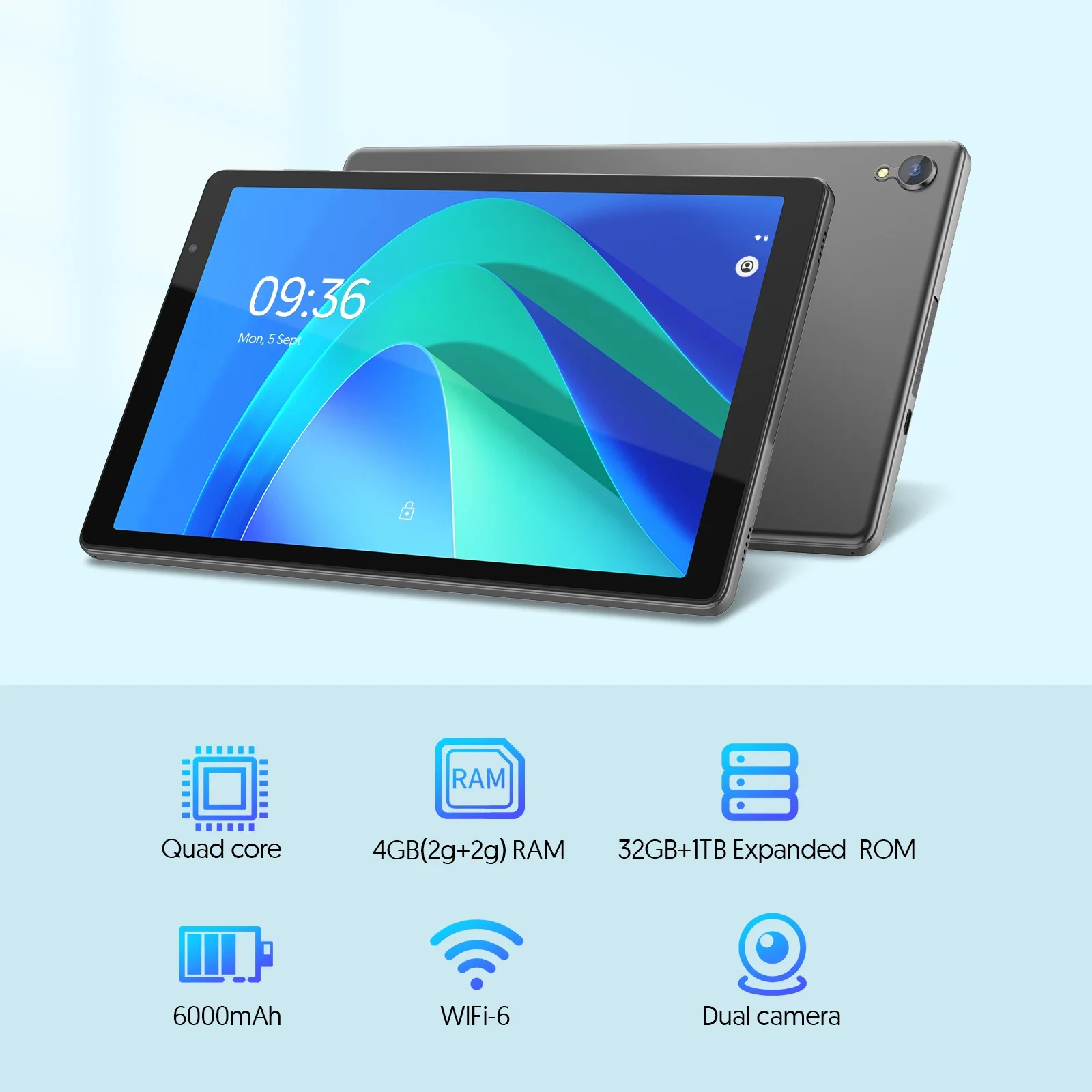 Tablette 10 pouces, Android 14, processeur quad-core, 4 Go de RAM (2 Go + 2 Go extensible), stockage 32 Go, Wi-Fi, double caméra, 6000 mAh