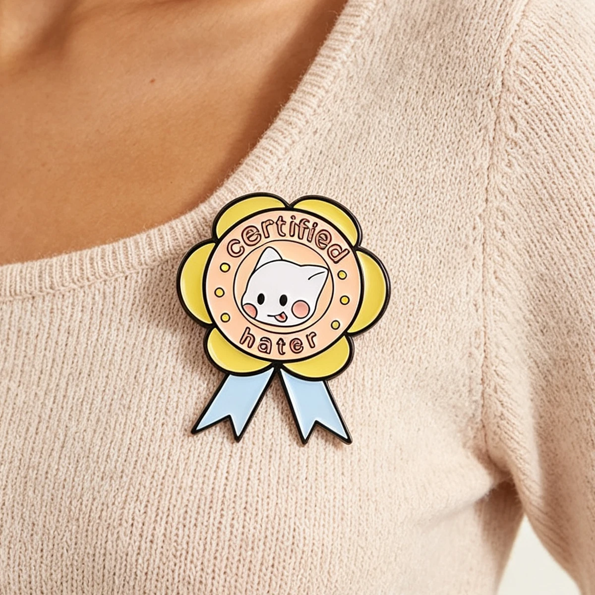 Cute Certified Hater White Cat Medal Enamel Pin Funny Meme Brooch Denim Jacket Lapel Badge