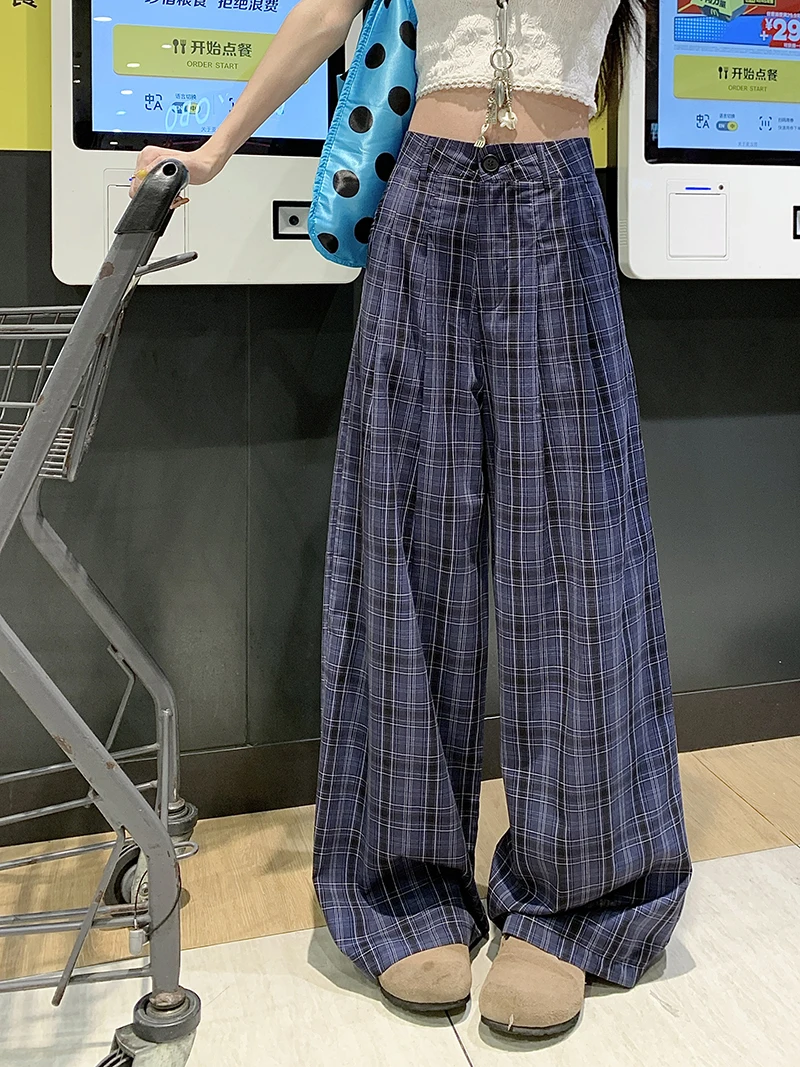 المرأة الصيف الخريف عالية الخصر واسعة الساق منقوشة السراويل سيدة الشارع الشهير كامل طول فضفاض مستقيم السراويل الطويلة