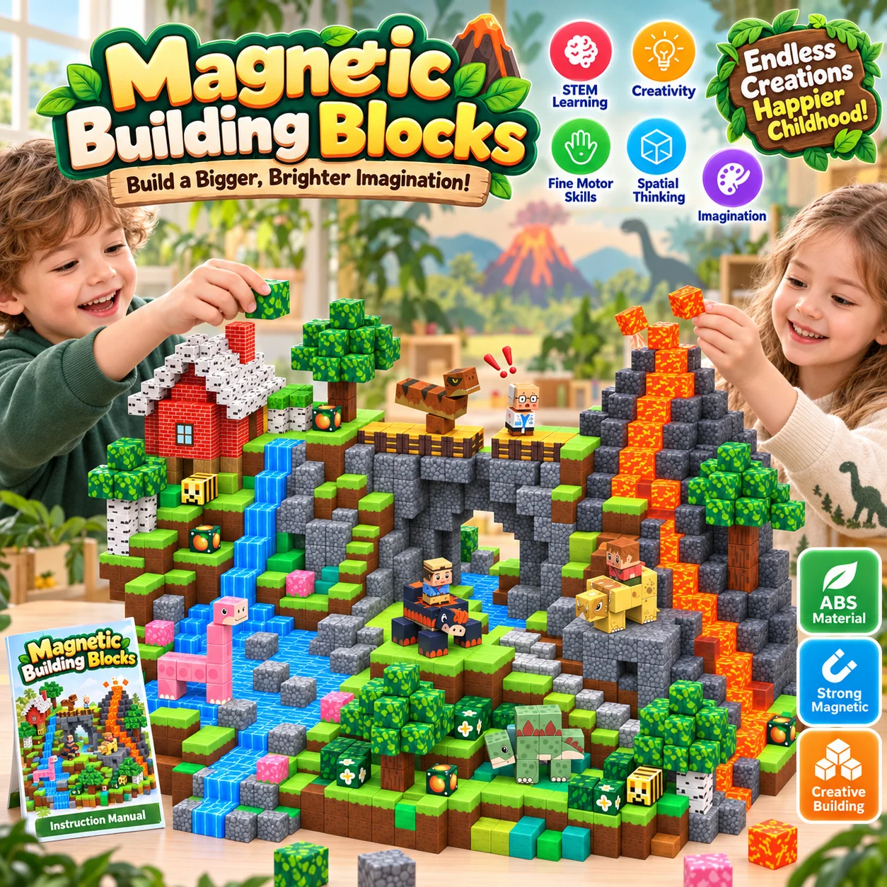 New Magnetic Building Blocks Dinosaur Primeval Forest Cabin Brick Cube STEM Education Sensory Toy Set Gift for Boy Girl Children