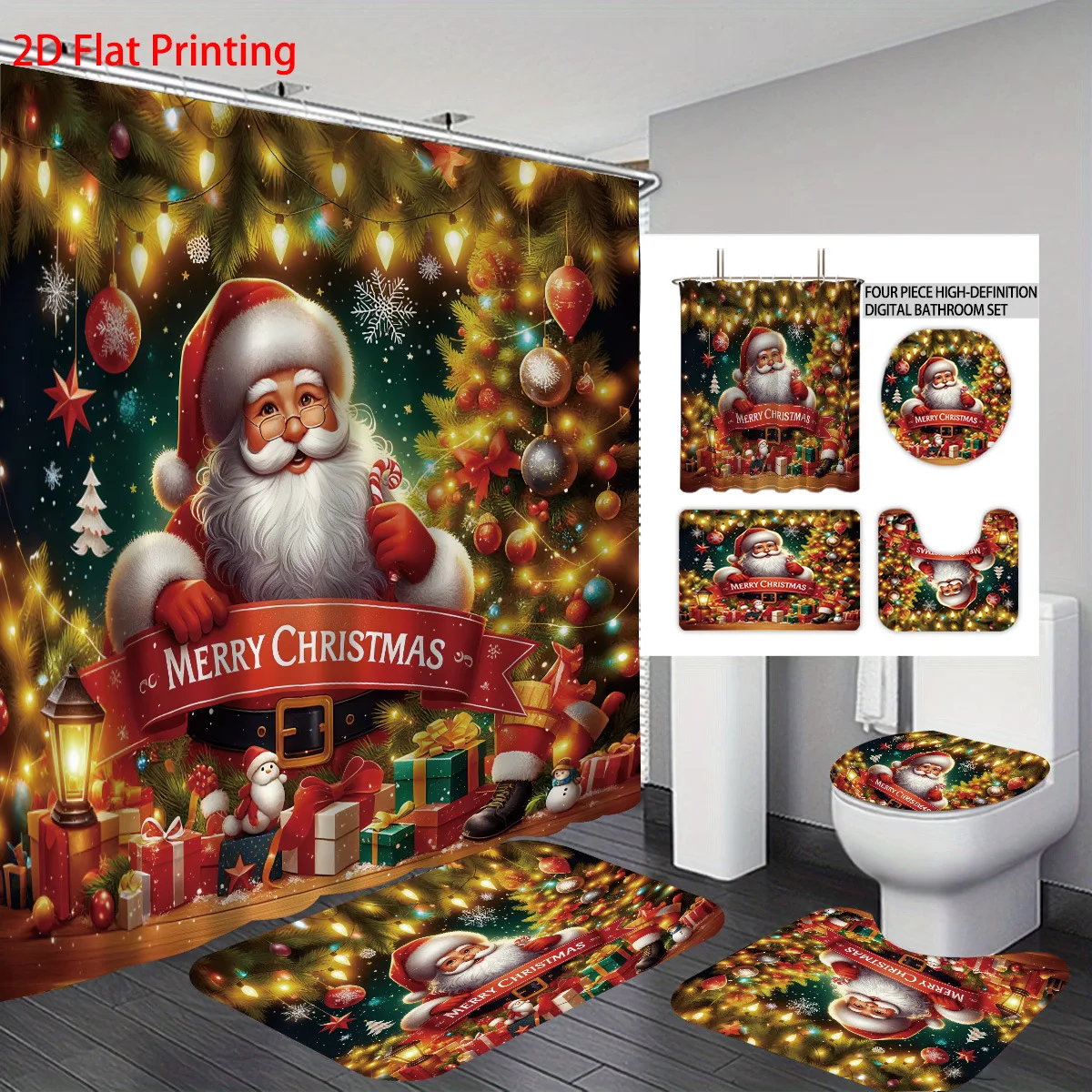 Waterproof Bath curtain set,Christmas Bath Curtain with 12 Hooks,  Floor Mat Toilet Cover Bathroom Home Decor Various sizes