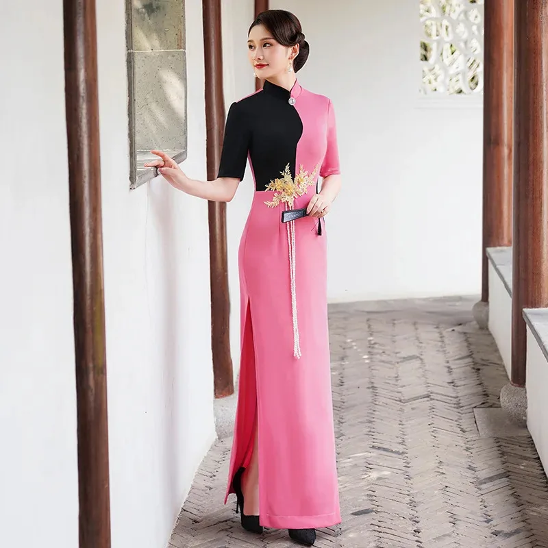 NewAncient Red Long Elegant Chinese Young Style Plus Size Runway Cheongsam Performance Outfit5;c,6's.2;b'8, view 2