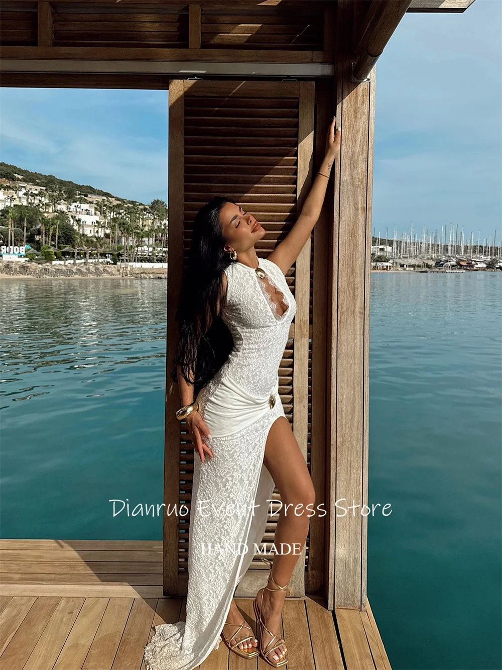 Dianruo Gaun Malam Putri Duyung Halter Putih Seksi Gaun Pesta Applique Renda Potong Jubah Chic Celah Tinggi De Soirée Disesuaikan