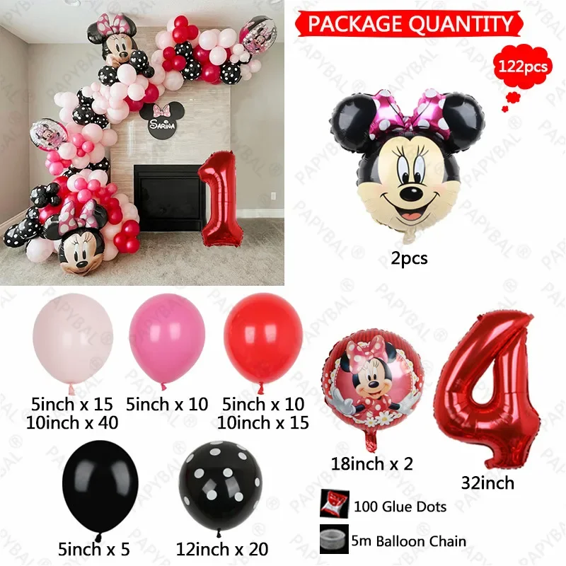 122pcs Disney Minnie Mouse Balloons Arch Garland Kit 32inch Red Number Balloons For Kids Birthday Party Decora Baby shower Suppl