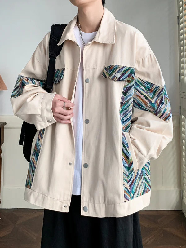 

Мужская куртка свободного кроя с вышитым лоскутным воротником, весенняя модная брендовая рабочая одежда большого размера, пальто для молодых мужчин